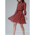 Summer Red Round Flower Print Long Sleeve Women′s Dress